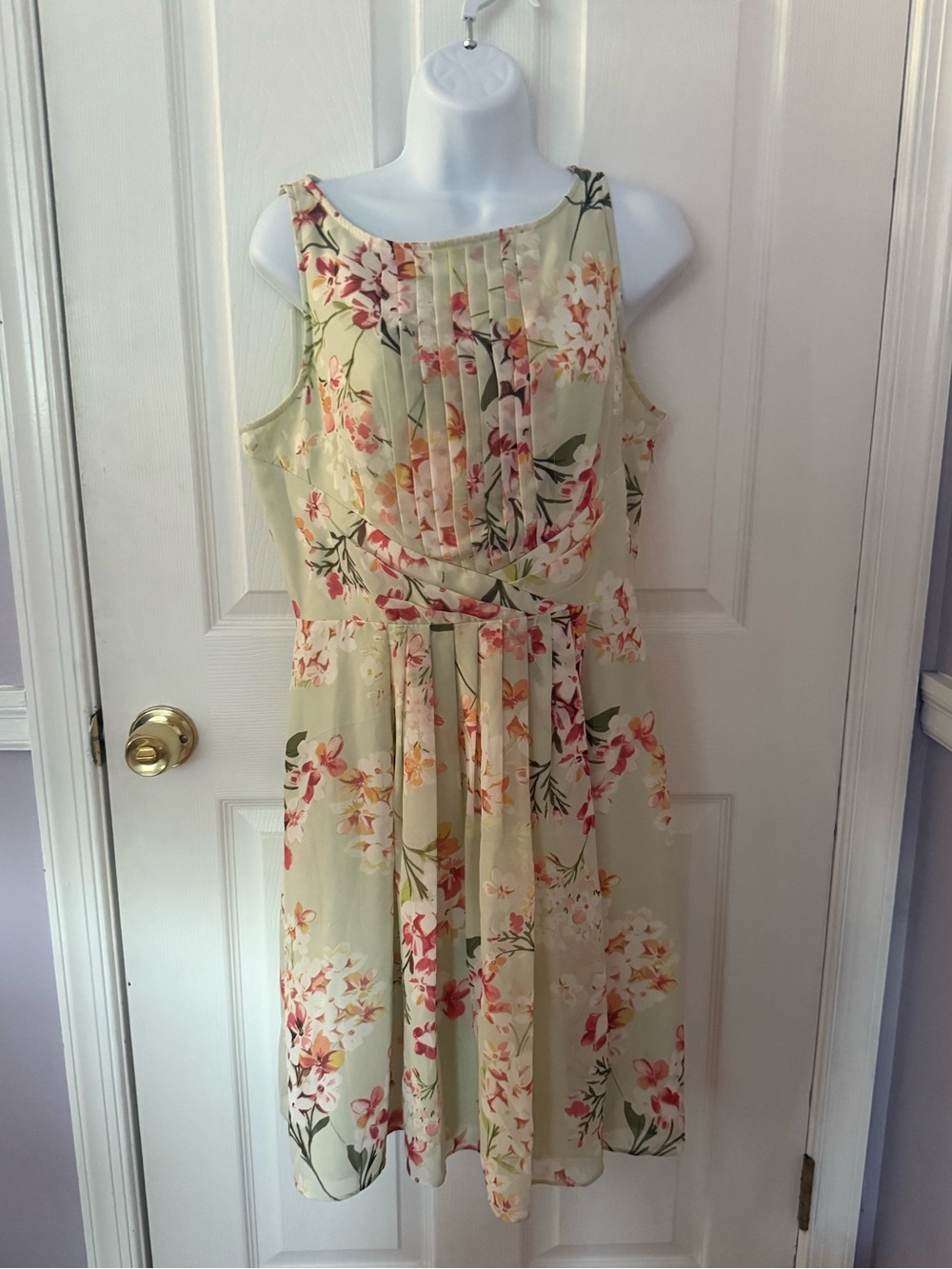 Floral Pleated Chiffon Dress in Pale Green